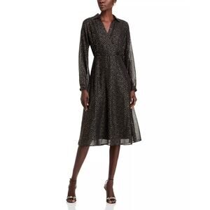 Koko + Mason Women Black Chiffon Gold Dot Cocktail Wrap V-Neck Midi Dress Size S